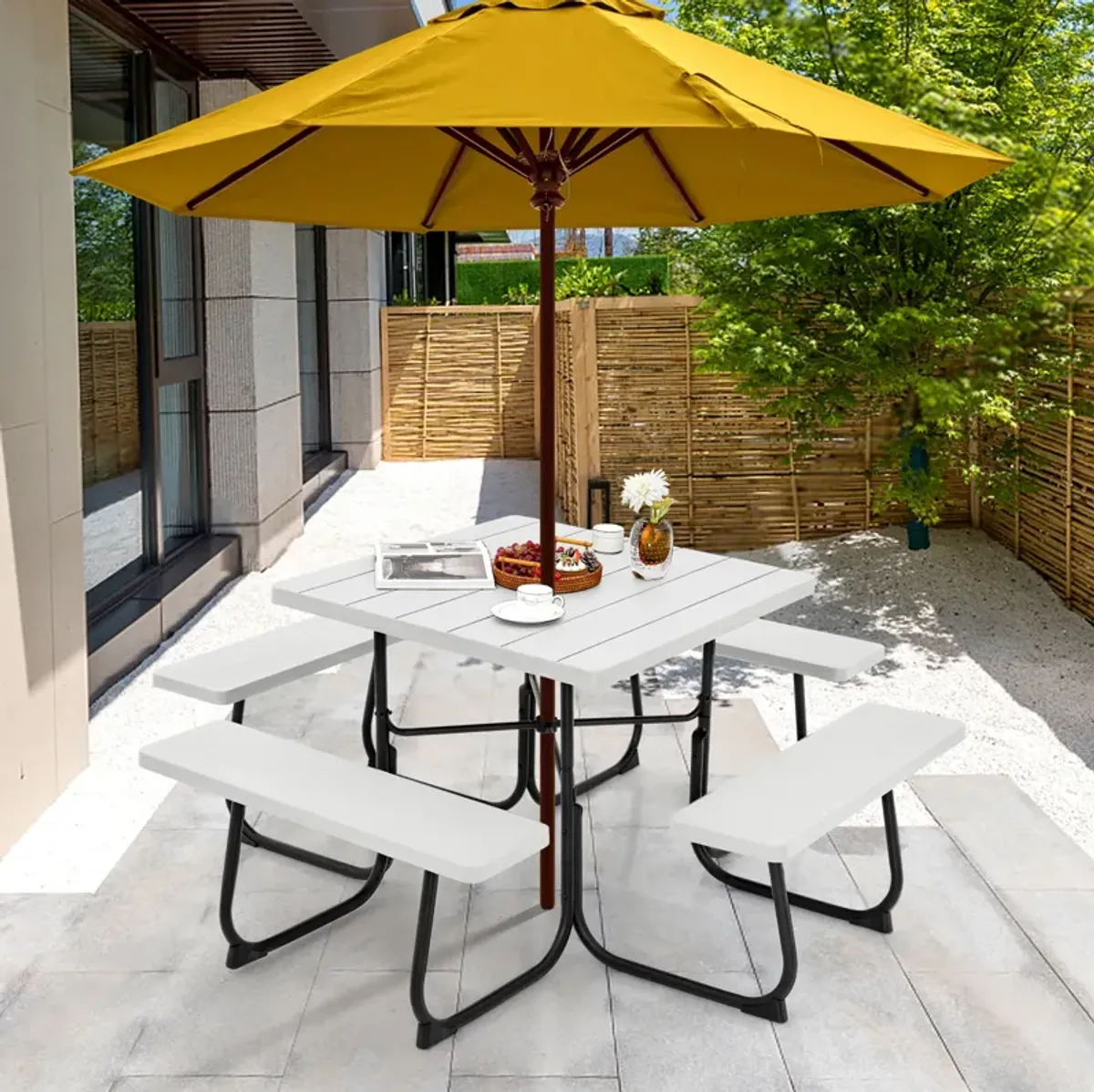 Outdoor Picnic Table with 4 Benches and Umbrella Hole