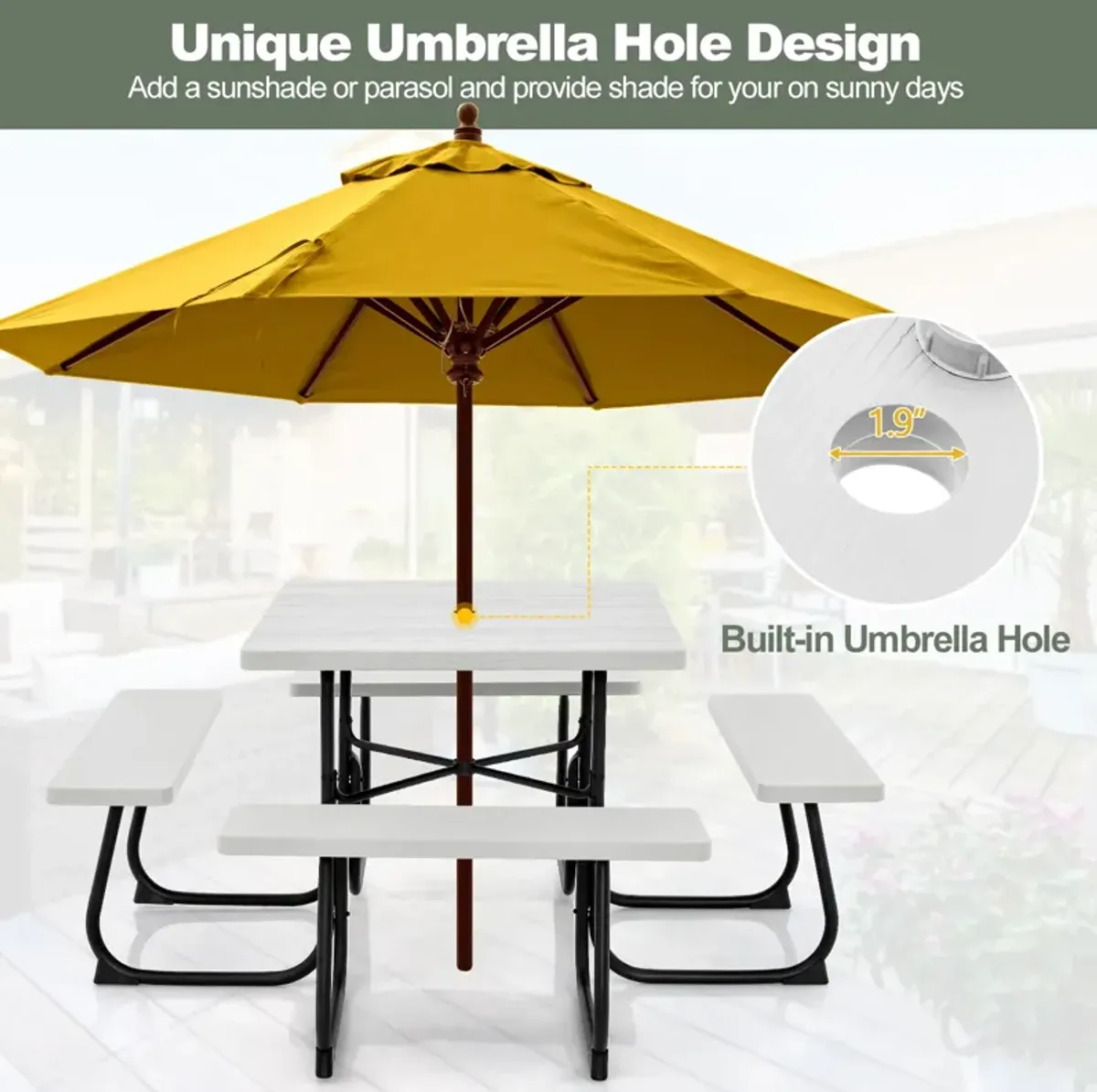 Outdoor Picnic Table with 4 Benches and Umbrella Hole