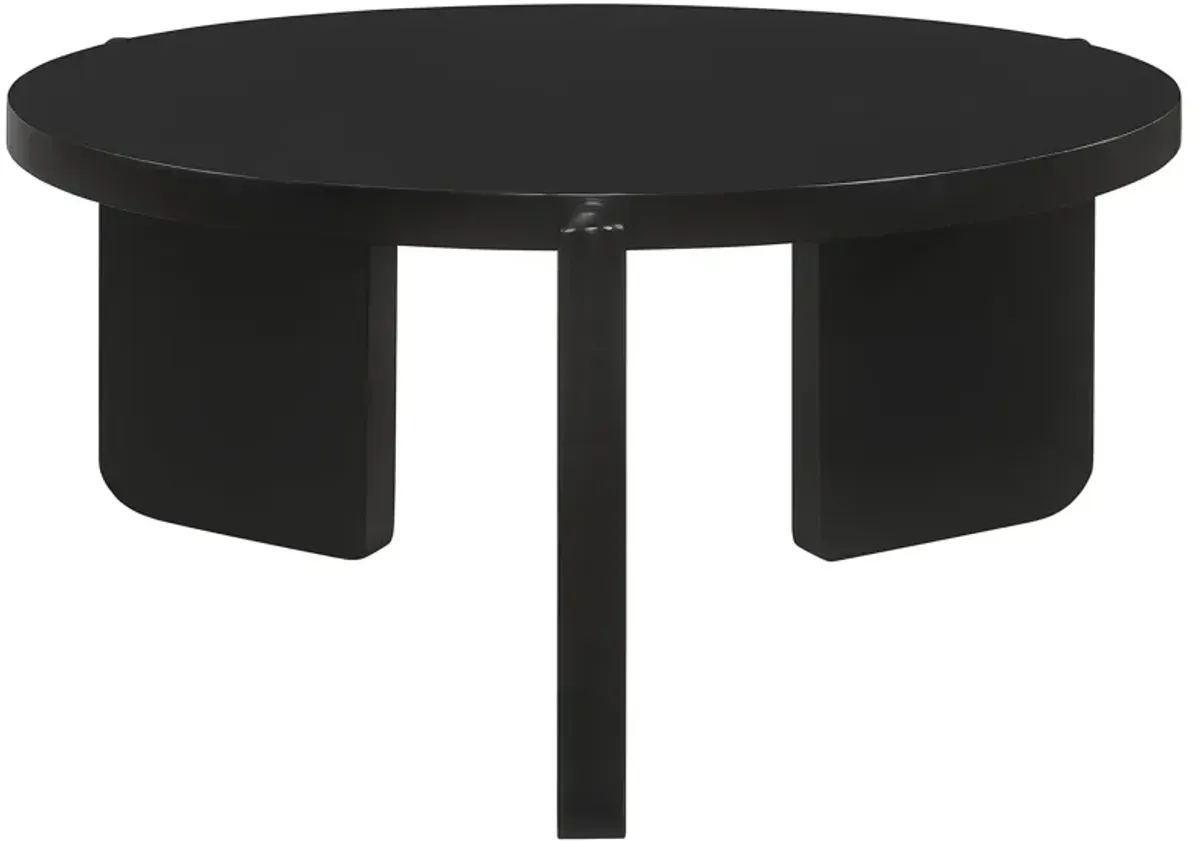 Kiya Coffee Table, 39 Inch Round Top, Black Solid Wood Frame, Panel Legs - Benzara