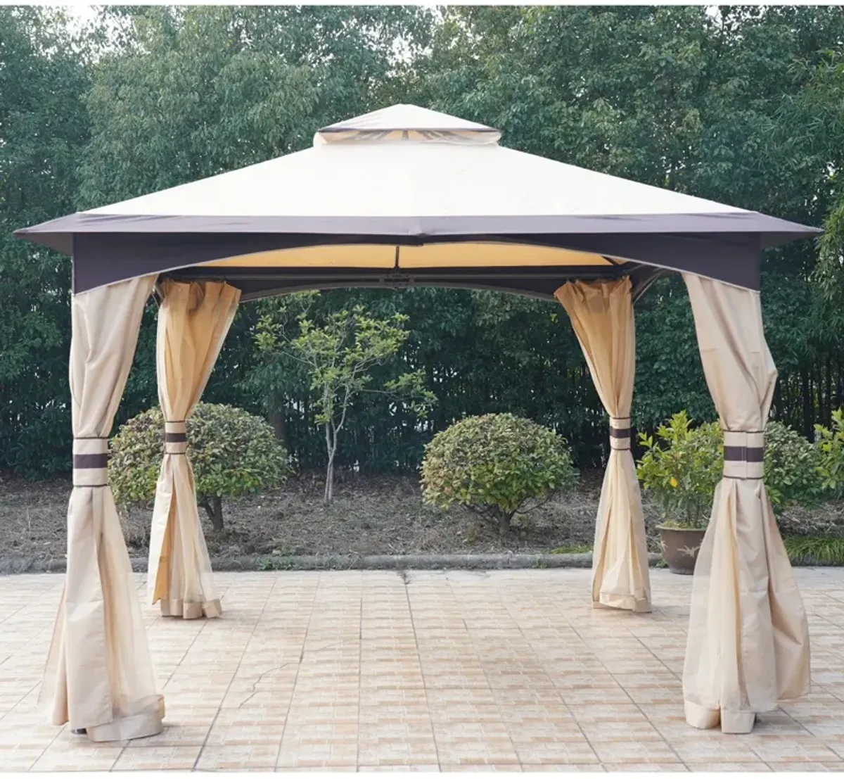 Shaded Outdoor Oasis: 10'x10' Gazebo with Netting and 2-Tier Soft Top