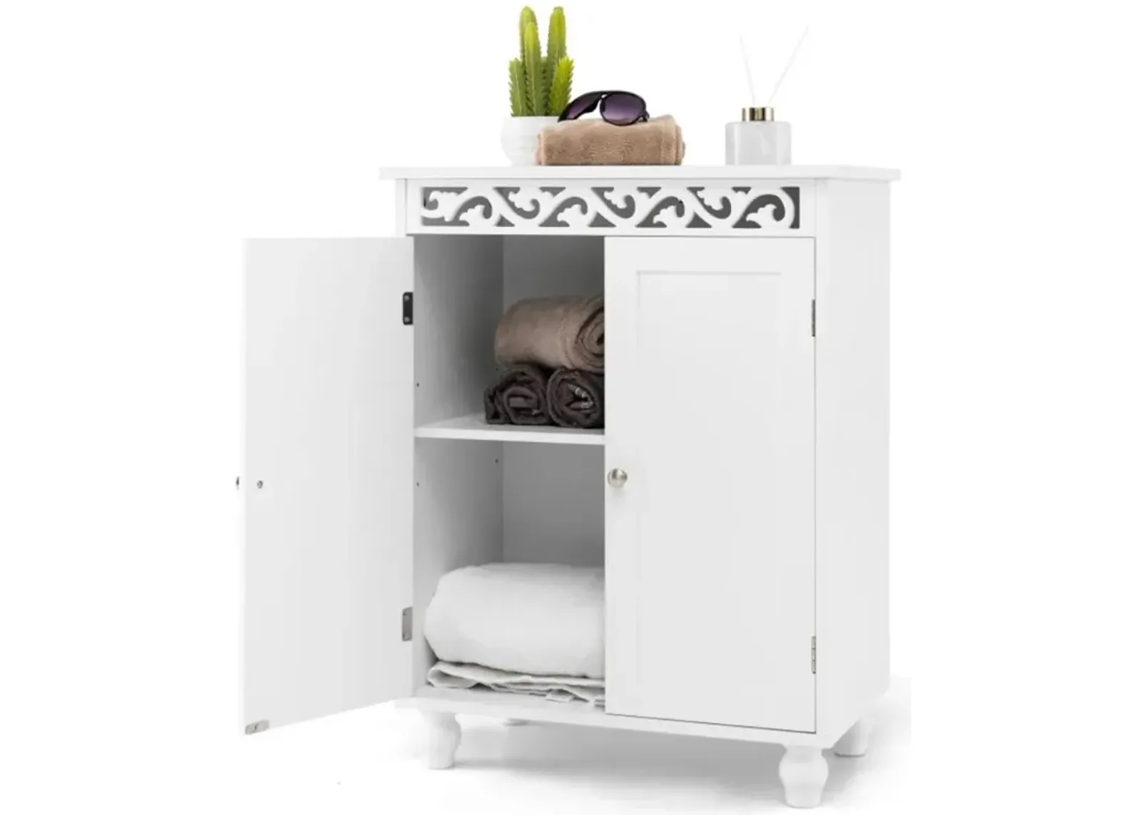 Hivvago Freestanding Bathroom Cabinet Floor Storage Organizer with Adjustable Shelf and Solid Wood Legs-White