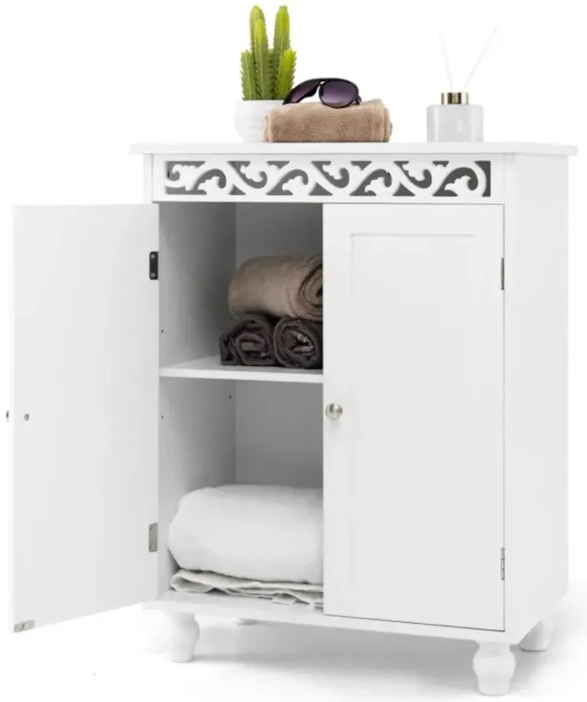 Hivvago Freestanding Bathroom Cabinet Floor Storage Organizer with Adjustable Shelf and Solid Wood Legs-White