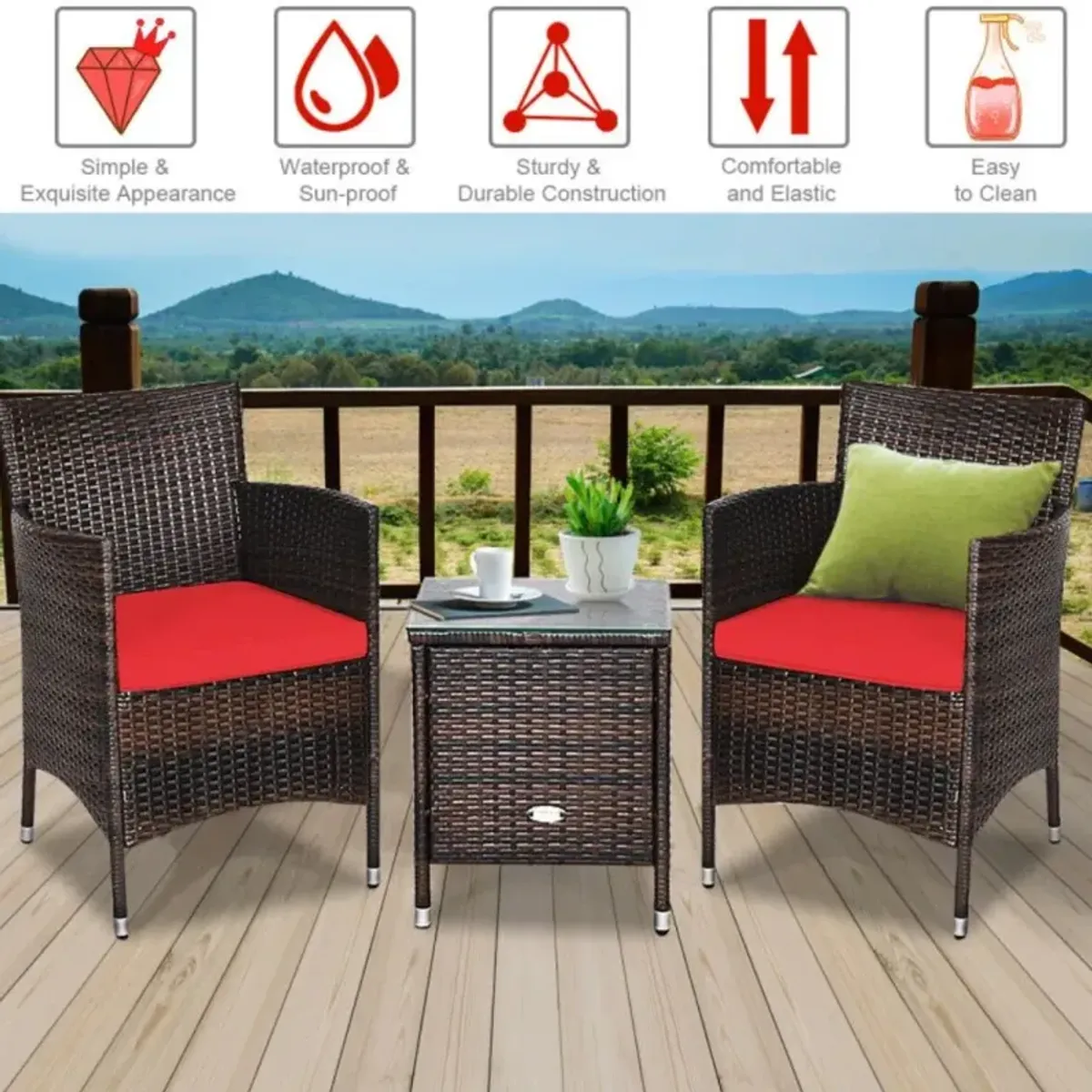 Hivvago 3 Pieces Ergonomic Wicker Patio Conversation Set