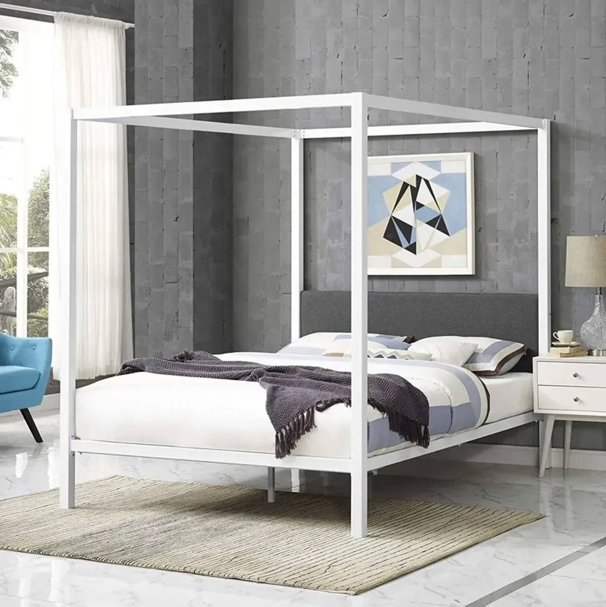 Hivvago Queen size White Metal Canopy Bed Frame with Grey Fabric Upholstered Headboard