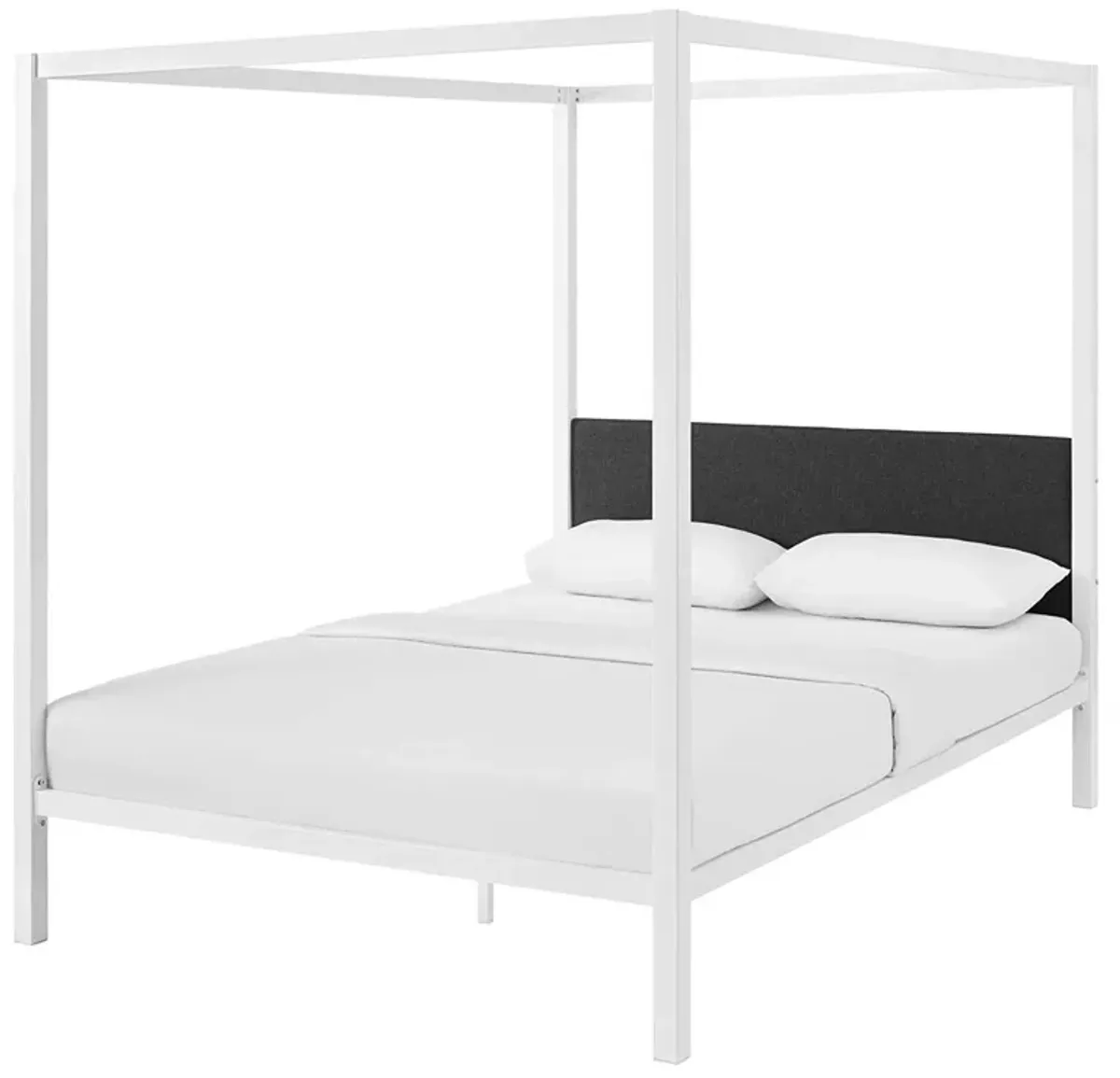 Hivvago Queen size White Metal Canopy Bed Frame with Grey Fabric Upholstered Headboard