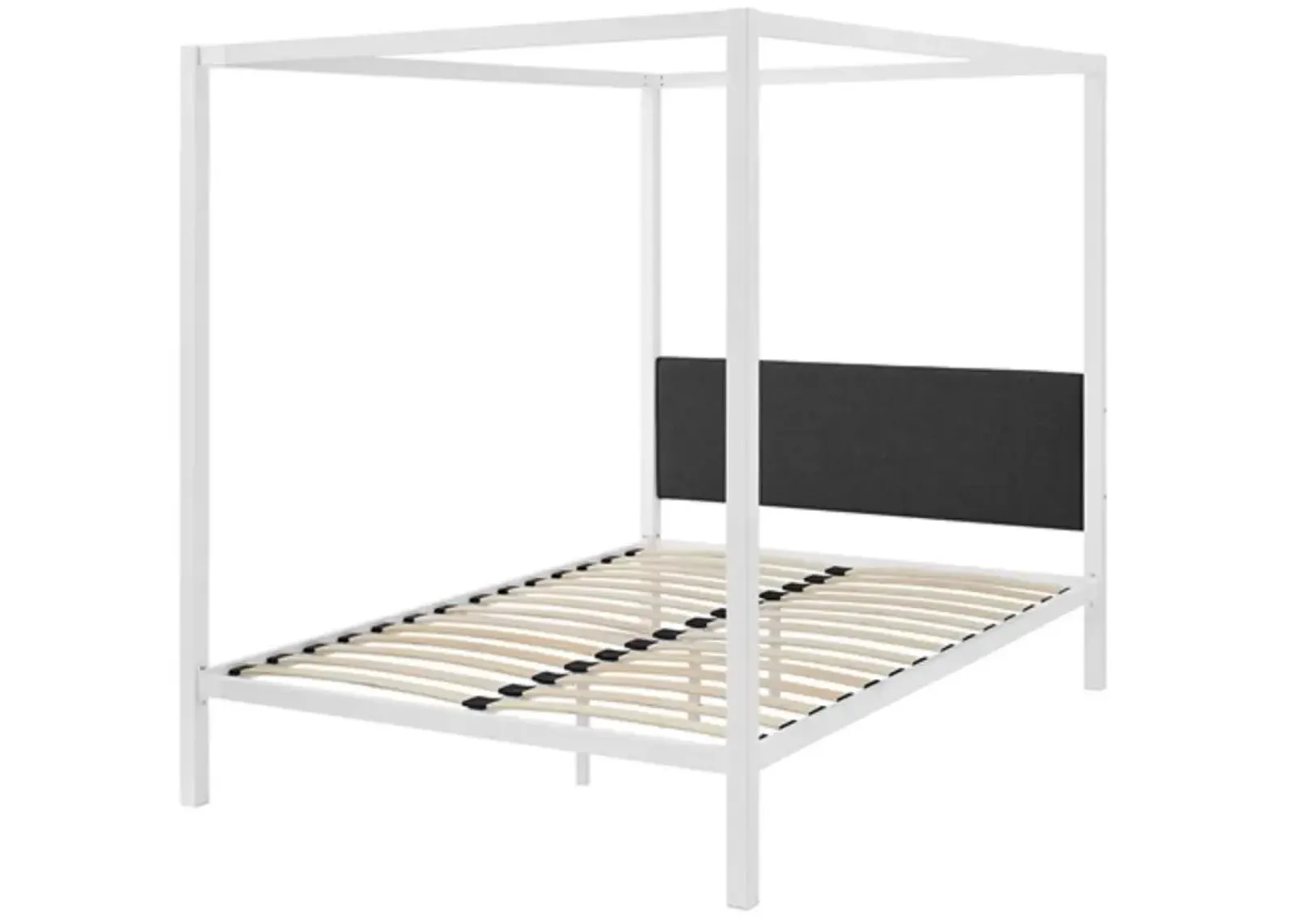 Hivvago Queen size White Metal Canopy Bed Frame with Grey Fabric Upholstered Headboard