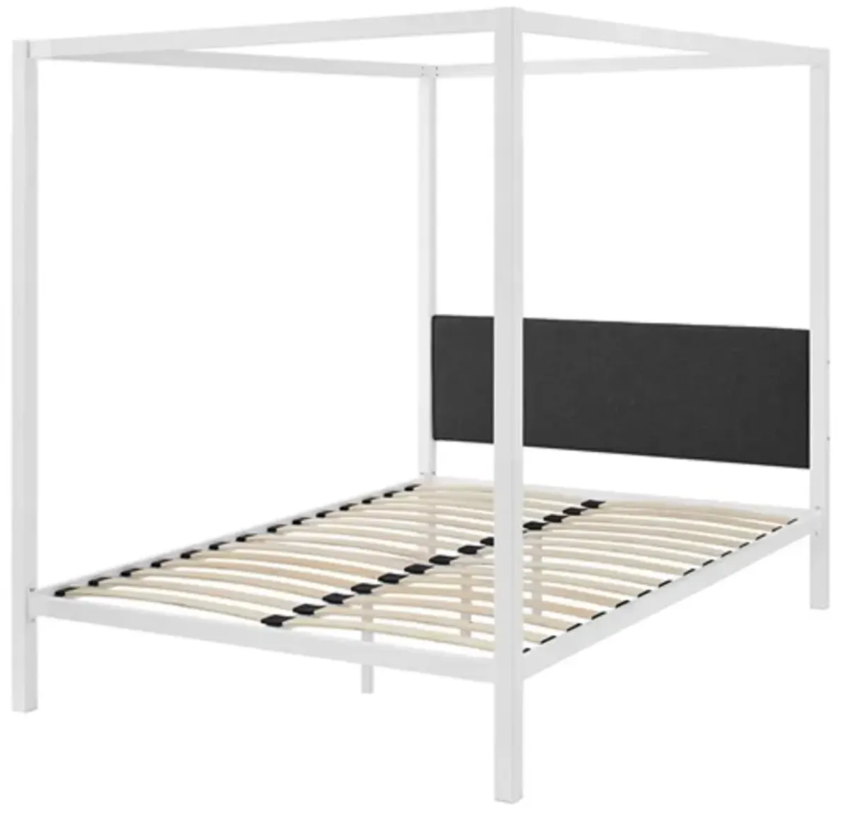 Hivvago Queen size White Metal Canopy Bed Frame with Grey Fabric Upholstered Headboard