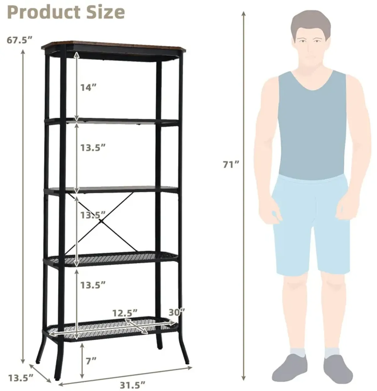 Industrial 5-Layer Bookshelf with Out-Stretched Legs-Rustic Brown