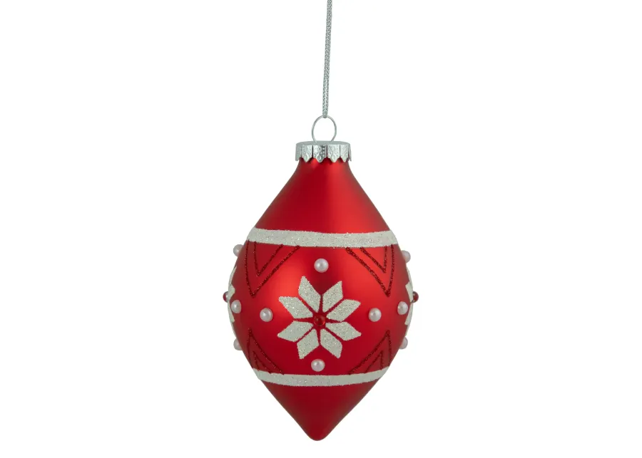 5.25" Glittered Red and White Snowflake Glass Finial Christmas Ornament