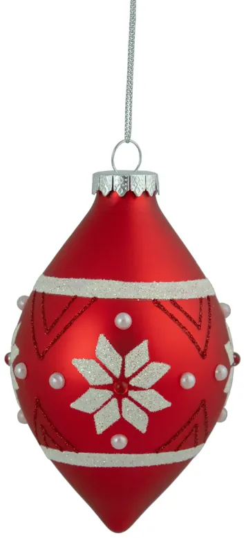 5.25" Glittered Red and White Snowflake Glass Finial Christmas Ornament