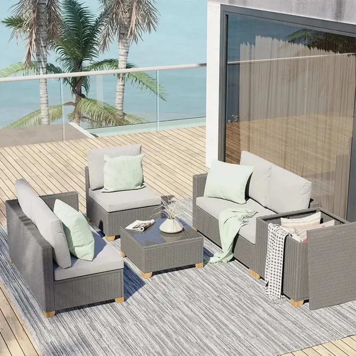 MONDAWE 5 Pieces Outdoor Conversation Sets with Cushions Modern Furniture Wicker Modular Sofa Sets