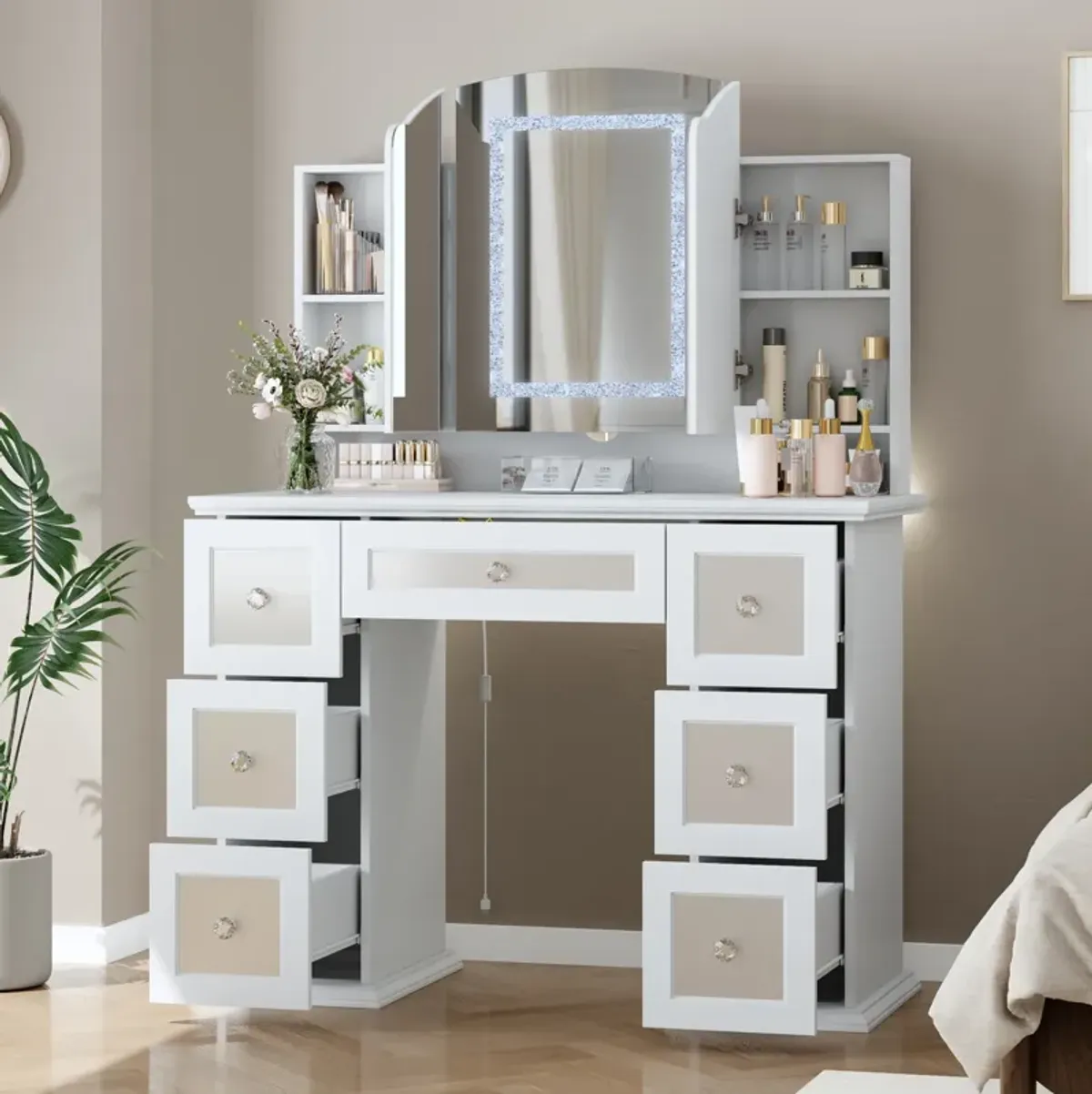 Makeup Vanity Desk With Fold Mirror And Adjustable Colorful Lights