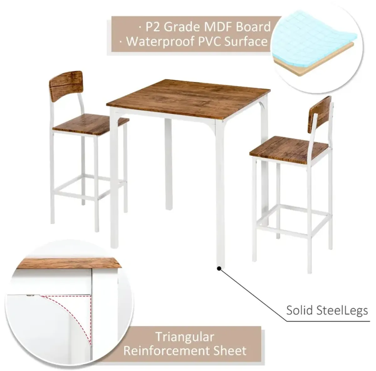 Brown/White Compact Dining: 3-Piece Set for Small Spaces