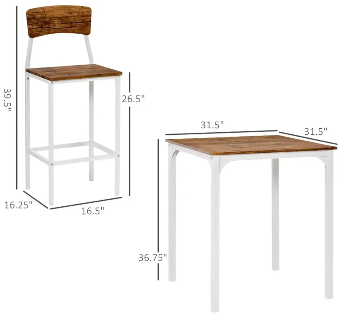 Brown/White Compact Dining: 3-Piece Set for Small Spaces