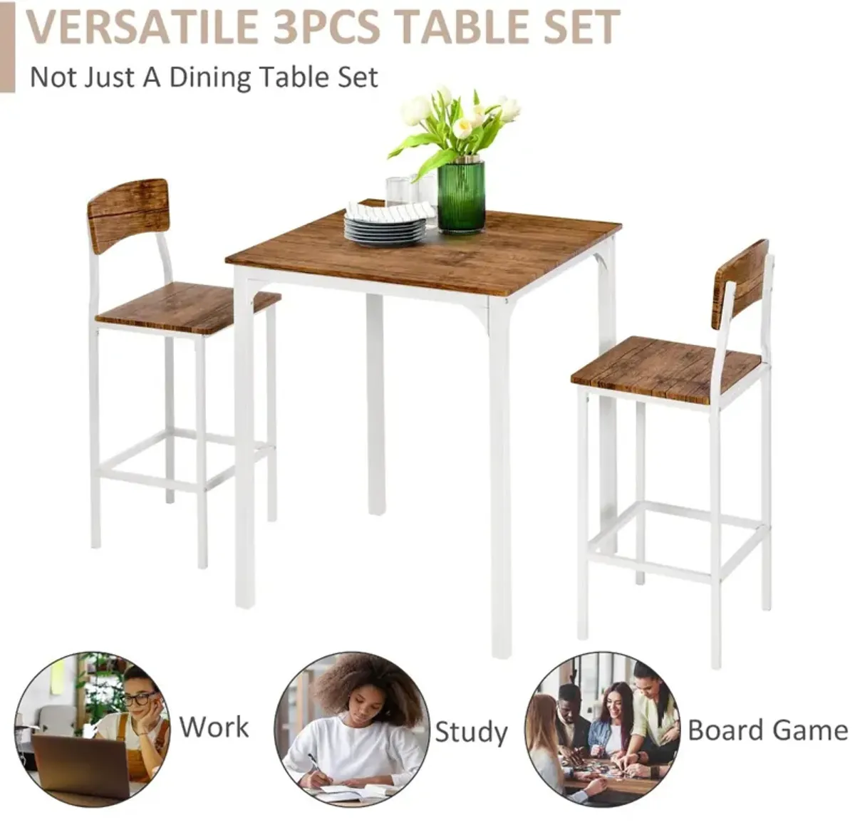 Brown/White Compact Dining: 3-Piece Set for Small Spaces