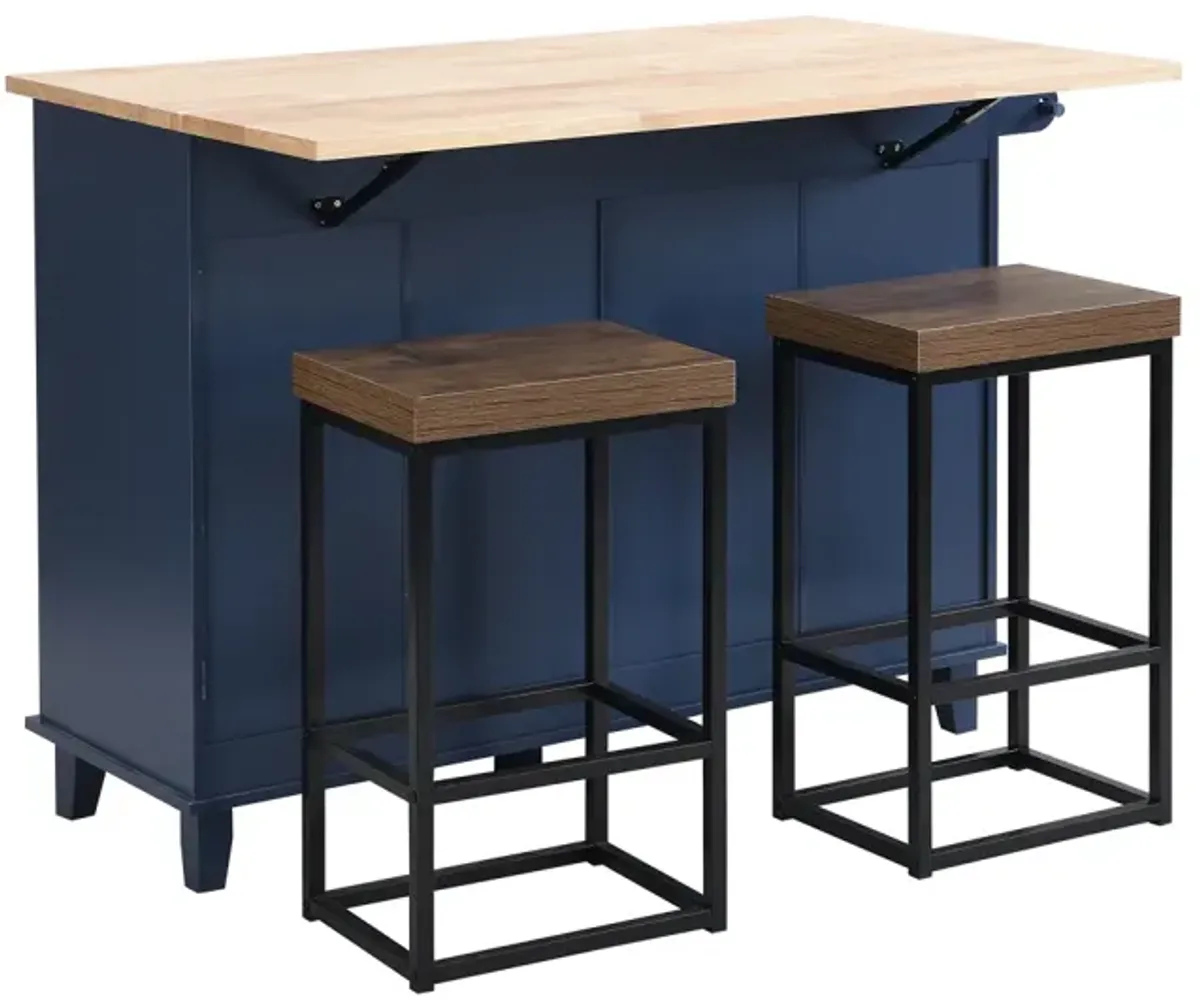 Farmhouse Kitchen Island Set With Drop Leaf And 2 Seatings, Dining Table Set With Cabinet