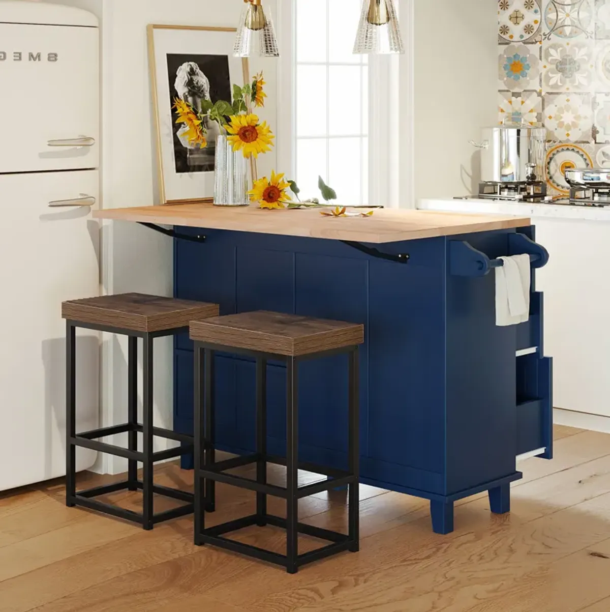 Farmhouse Kitchen Island Set With Drop Leaf And 2 Seatings, Dining Table Set With Cabinet