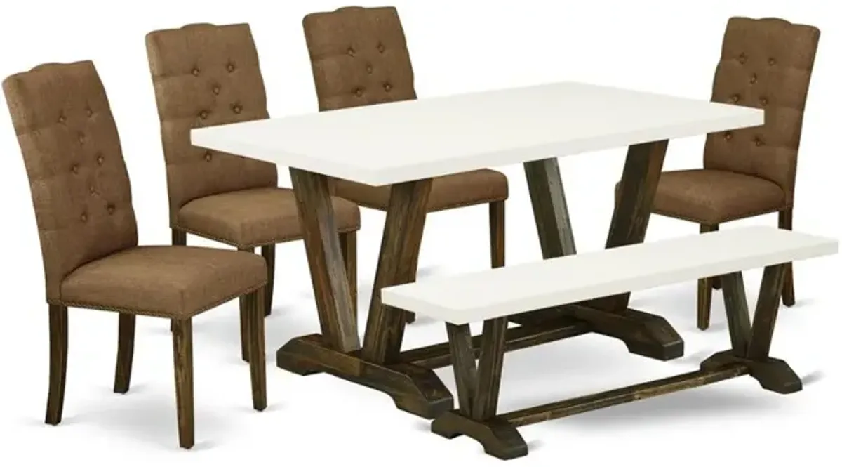 East West Furniture 6-Pc Dining -Brown Beige Linen Fabric Seat and Button Tufted Chair Back Parson Dining chairs, A Rectangular Bench and Rectangular Top Dining room Table with Solid Wood Legs - Linen