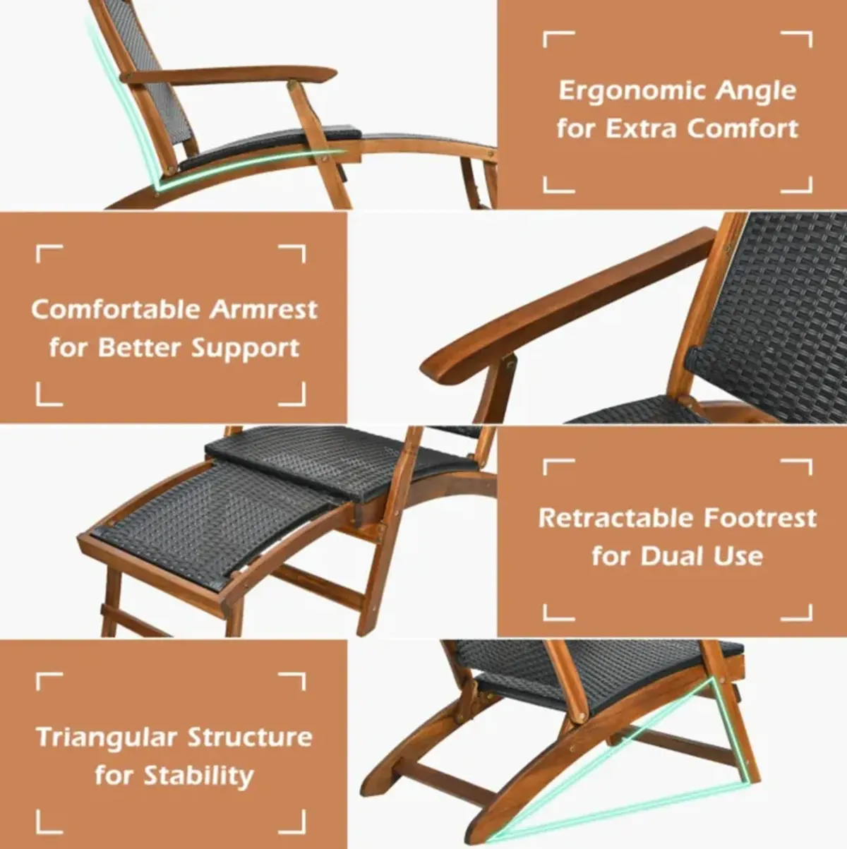 Hivvago Patio Rattan Folding Lounge Chair with Acacia Wooden Frame Retractable Footrest