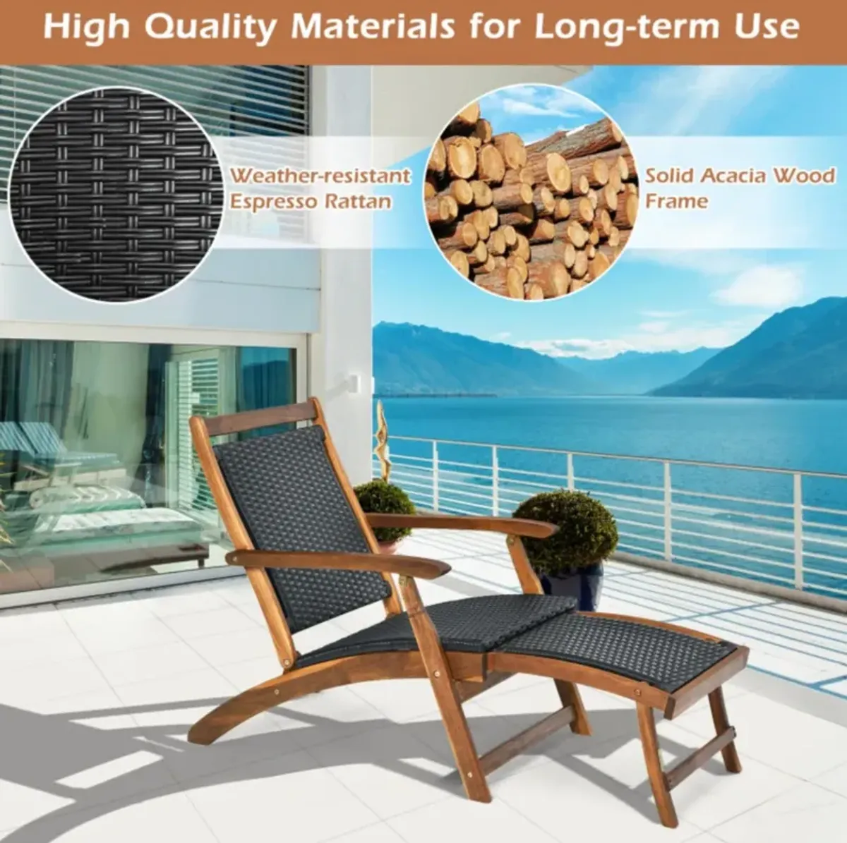 Hivvago Patio Rattan Folding Lounge Chair with Acacia Wooden Frame Retractable Footrest