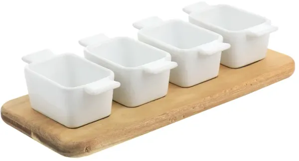 Gibson Elite Gracious Dining 5 Piece Fine Ceramic Tidbit Dish Set with Acacia Wood Base