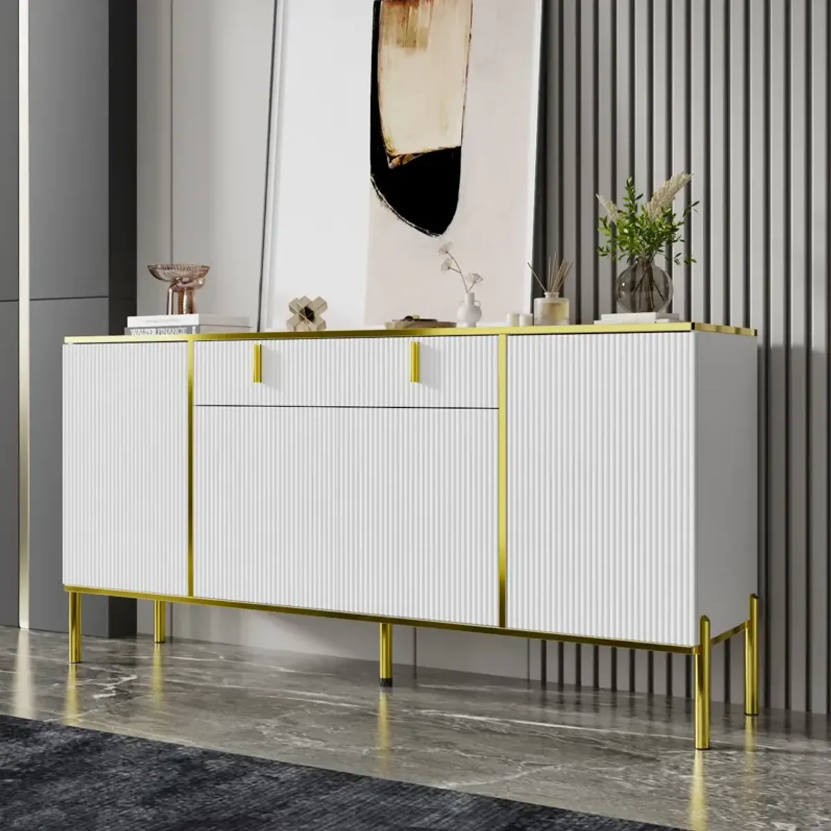 White Wavy Paint Finish Floor-Standing Sideboard Cupboard with 4-Doors 2-Drawers Adjustable Shelves