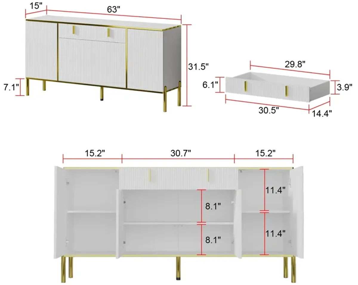 White Wavy Paint Finish Floor-Standing Sideboard Cupboard with 4-Doors 2-Drawers Adjustable Shelves