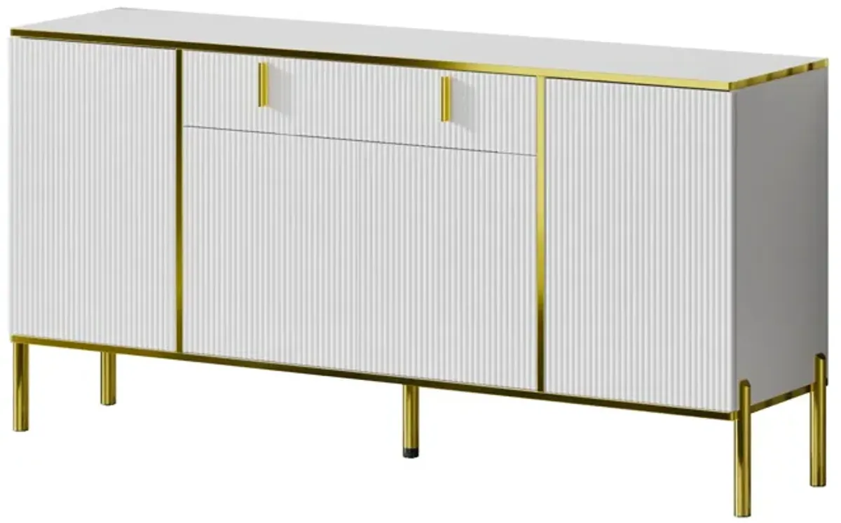 White Wavy Paint Finish Floor-Standing Sideboard Cupboard with 4-Doors 2-Drawers Adjustable Shelves