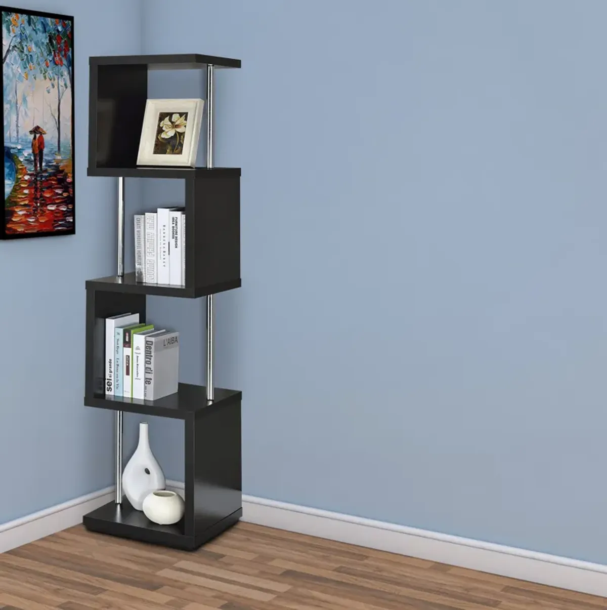 Well made Four Tier Wood And Metal Bookcase, Black-Benzara