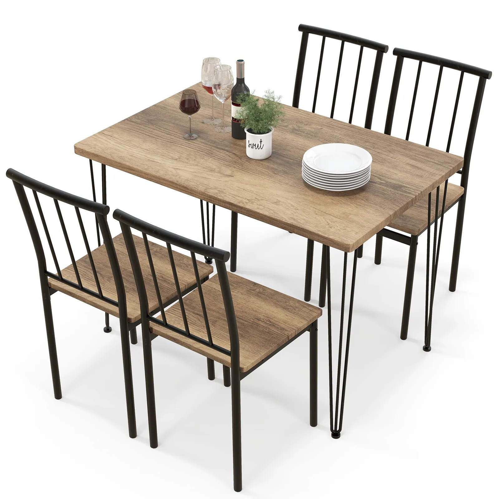 5 Pieces Dining Table Set for 4 with Metal Frame for Home Restaurant