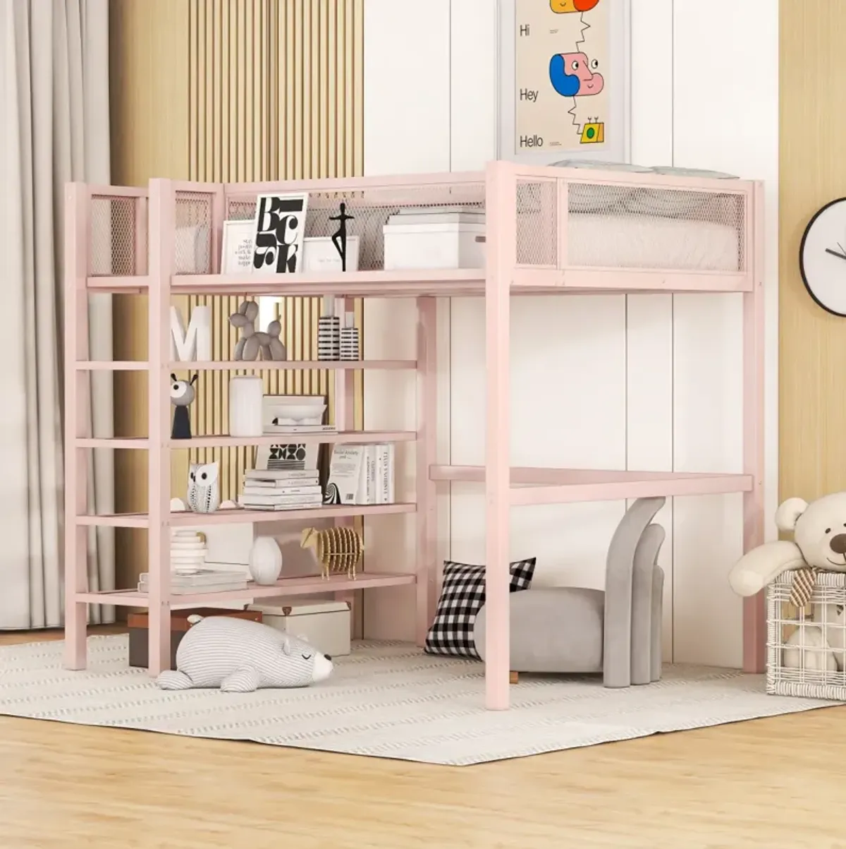 Twin Size Metal Loft Bed With 4Tier Shelves And Storage, Pink