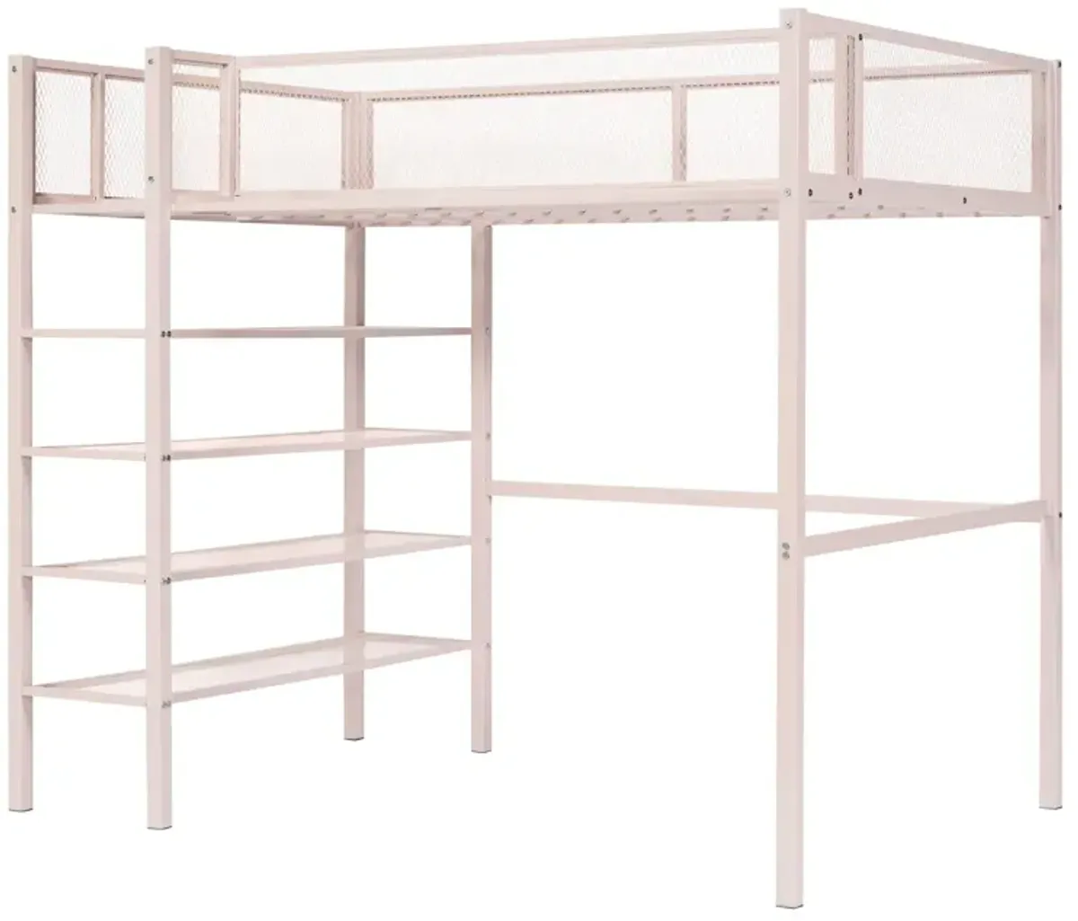 Twin Size Metal Loft Bed With 4Tier Shelves And Storage, Pink