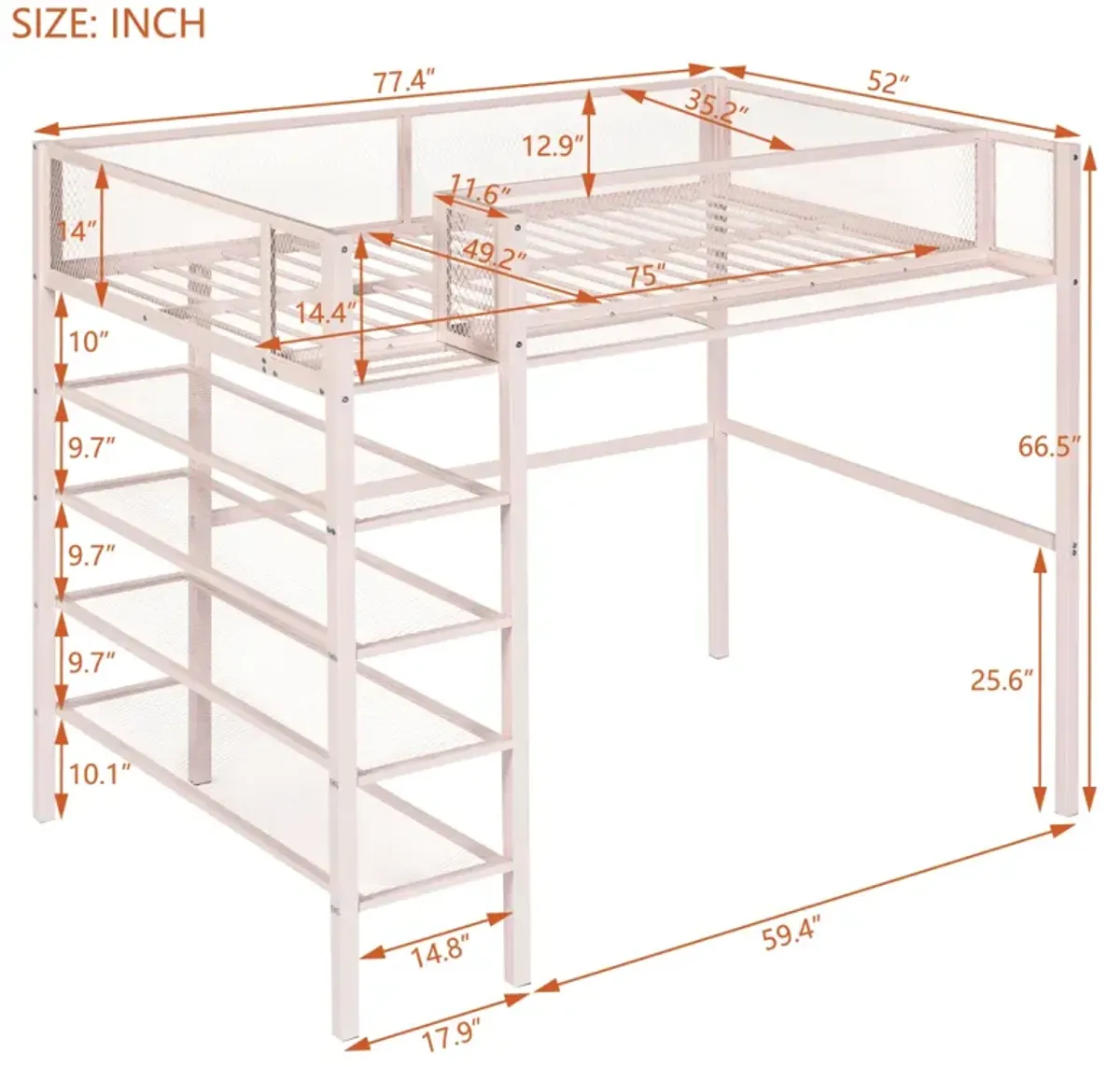 Twin Size Metal Loft Bed With 4Tier Shelves And Storage, Pink