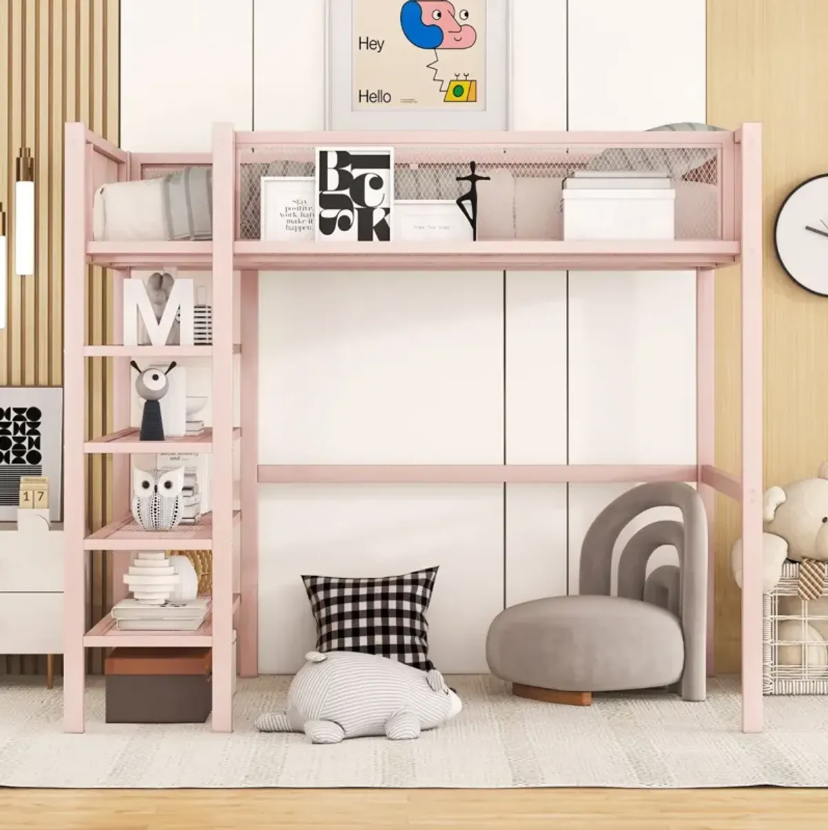 Twin Size Metal Loft Bed With 4Tier Shelves And Storage, Pink