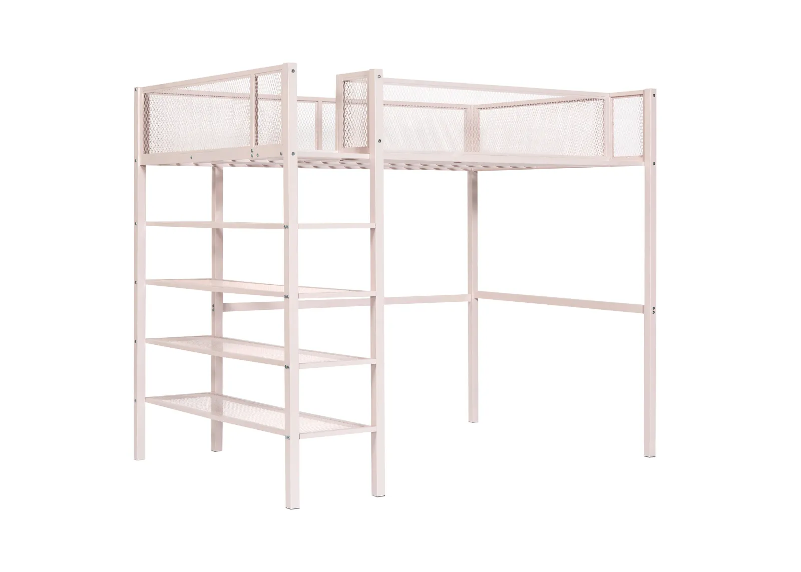 Twin Size Metal Loft Bed With 4Tier Shelves And Storage, Pink