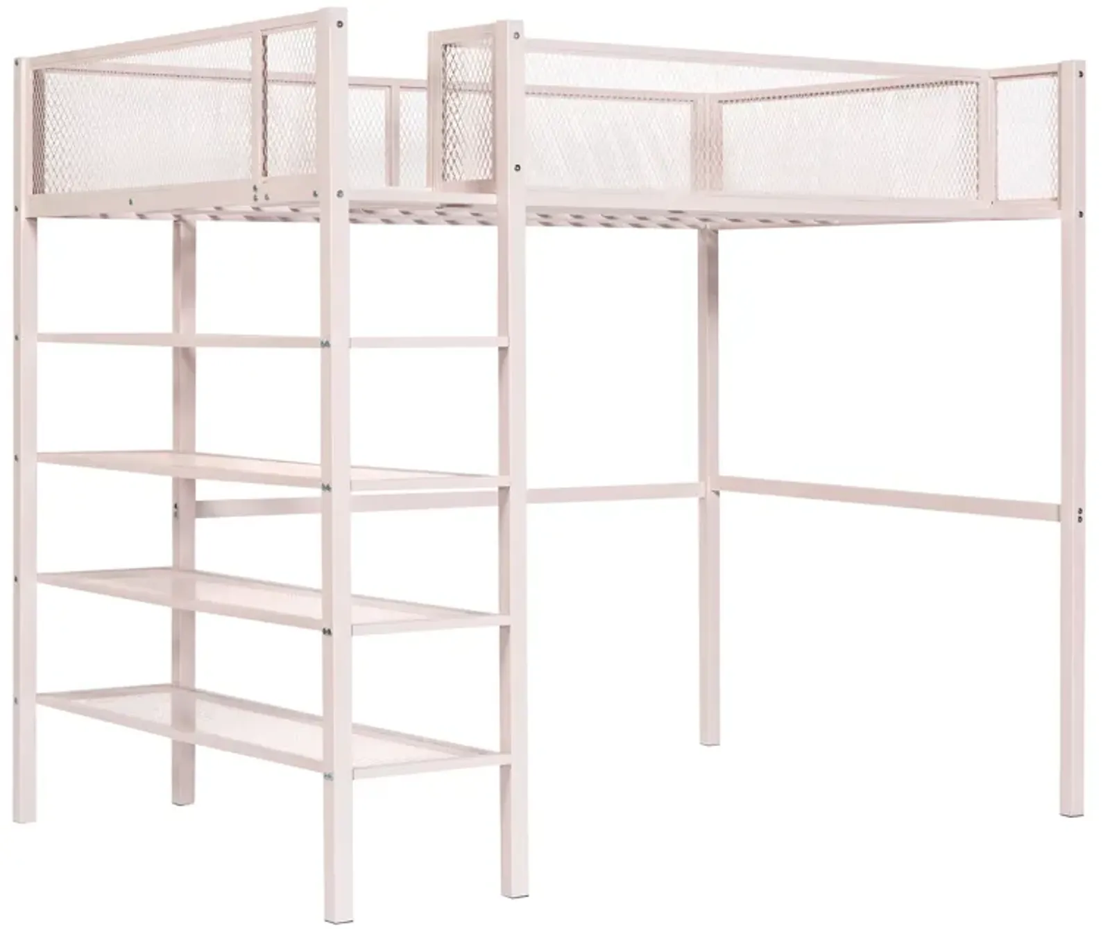 Twin Size Metal Loft Bed With 4Tier Shelves And Storage, Pink