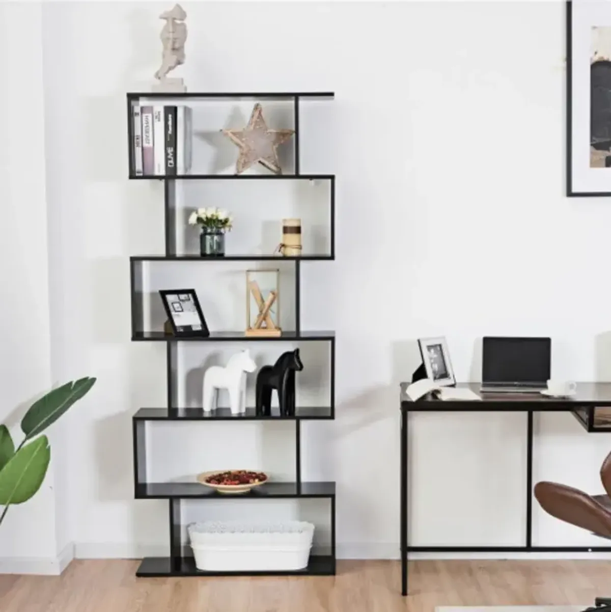 6-Tier S-Shaped Bookcase Z-Shelf Style Storage Bookshelf