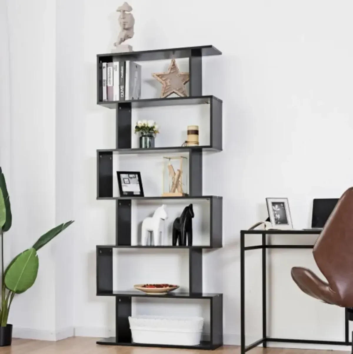 6-Tier S-Shaped Bookcase Z-Shelf Style Storage Bookshelf