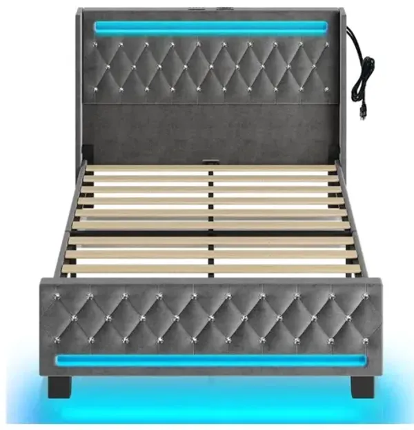 Queen Bed Frame With Led Light And Charging Station, Upholstered High Headboard And Footboard, Wood Slats, Noise Free, Easy Assembly, Grey