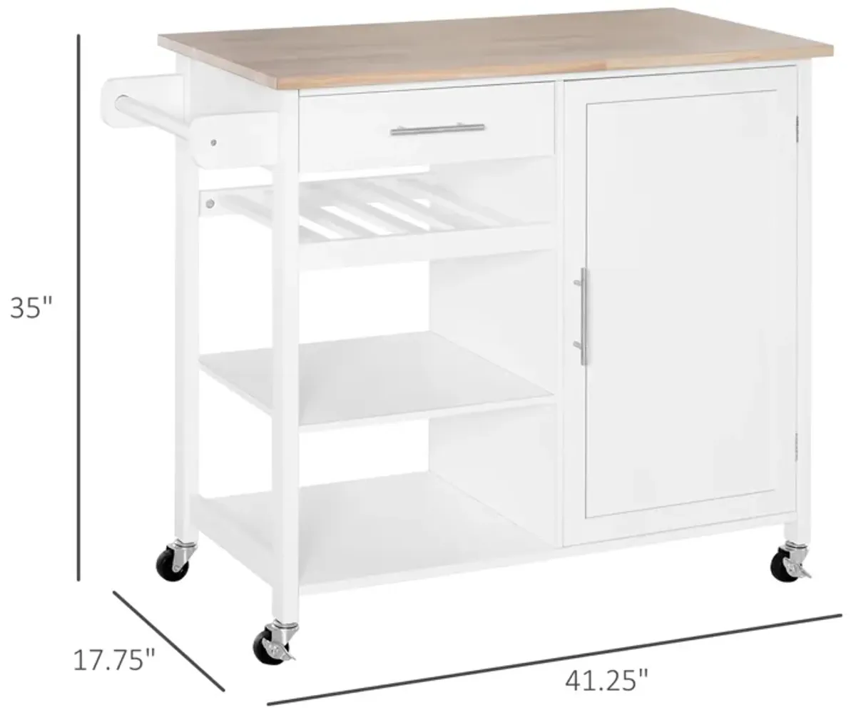 White Culinary Station: Rolling Kitchen Island with Wood Top & Wine Rack