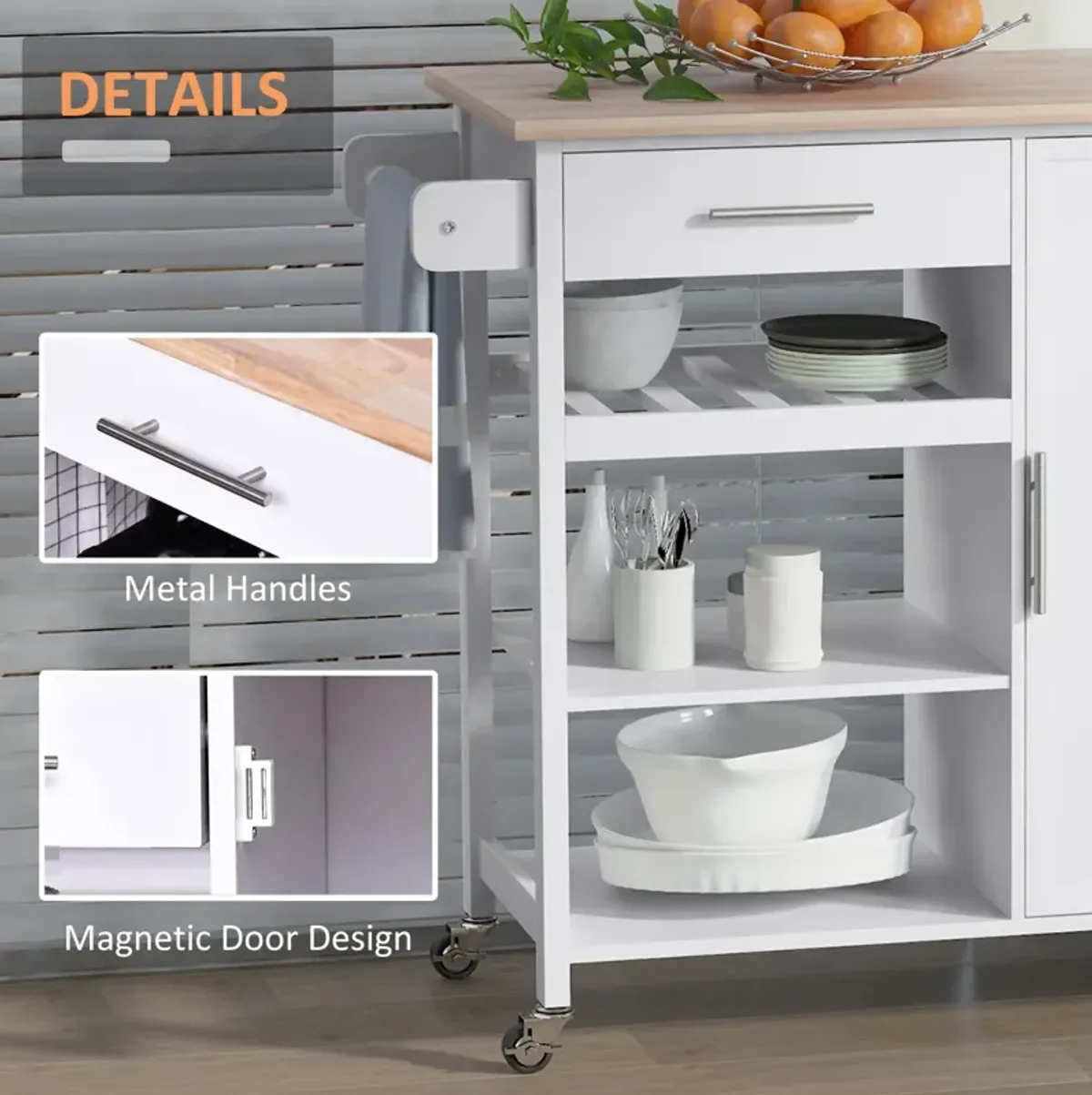 White Culinary Station: Rolling Kitchen Island with Wood Top & Wine Rack