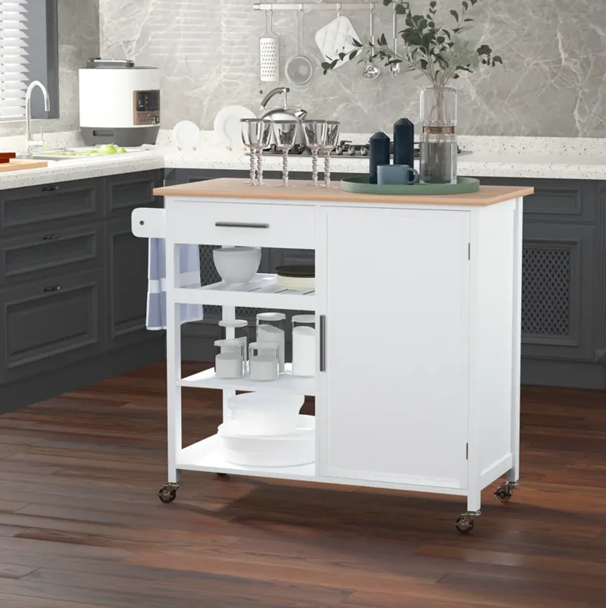 White Culinary Station: Rolling Kitchen Island with Wood Top & Wine Rack