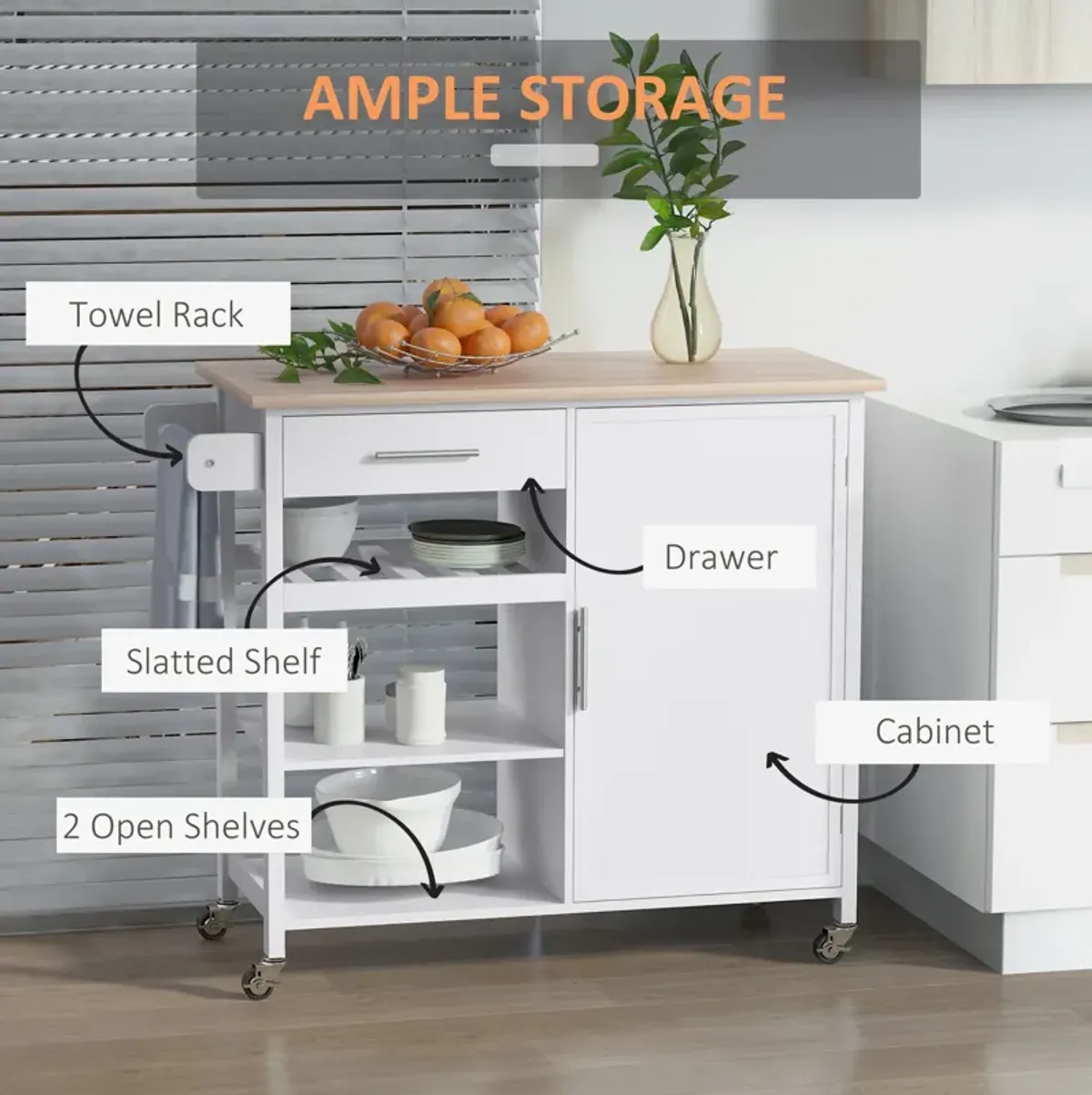 White Culinary Station: Rolling Kitchen Island with Wood Top & Wine Rack