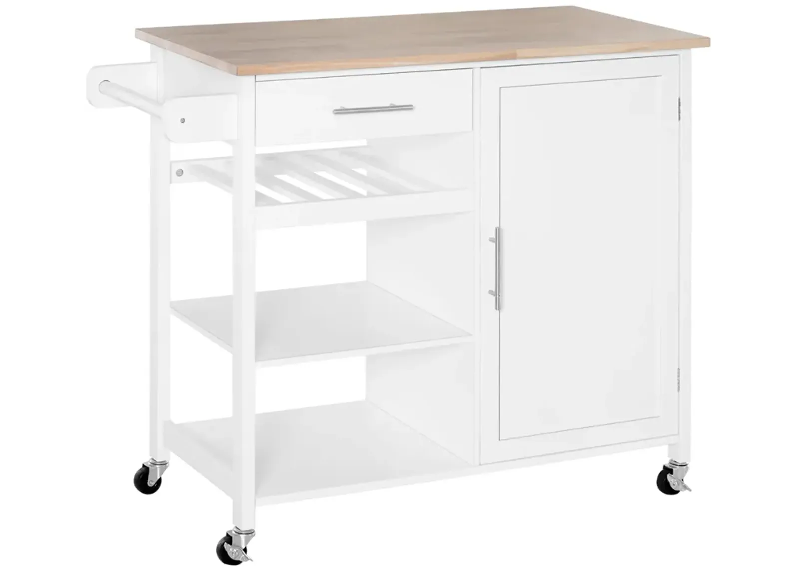 White Culinary Station: Rolling Kitchen Island with Wood Top & Wine Rack