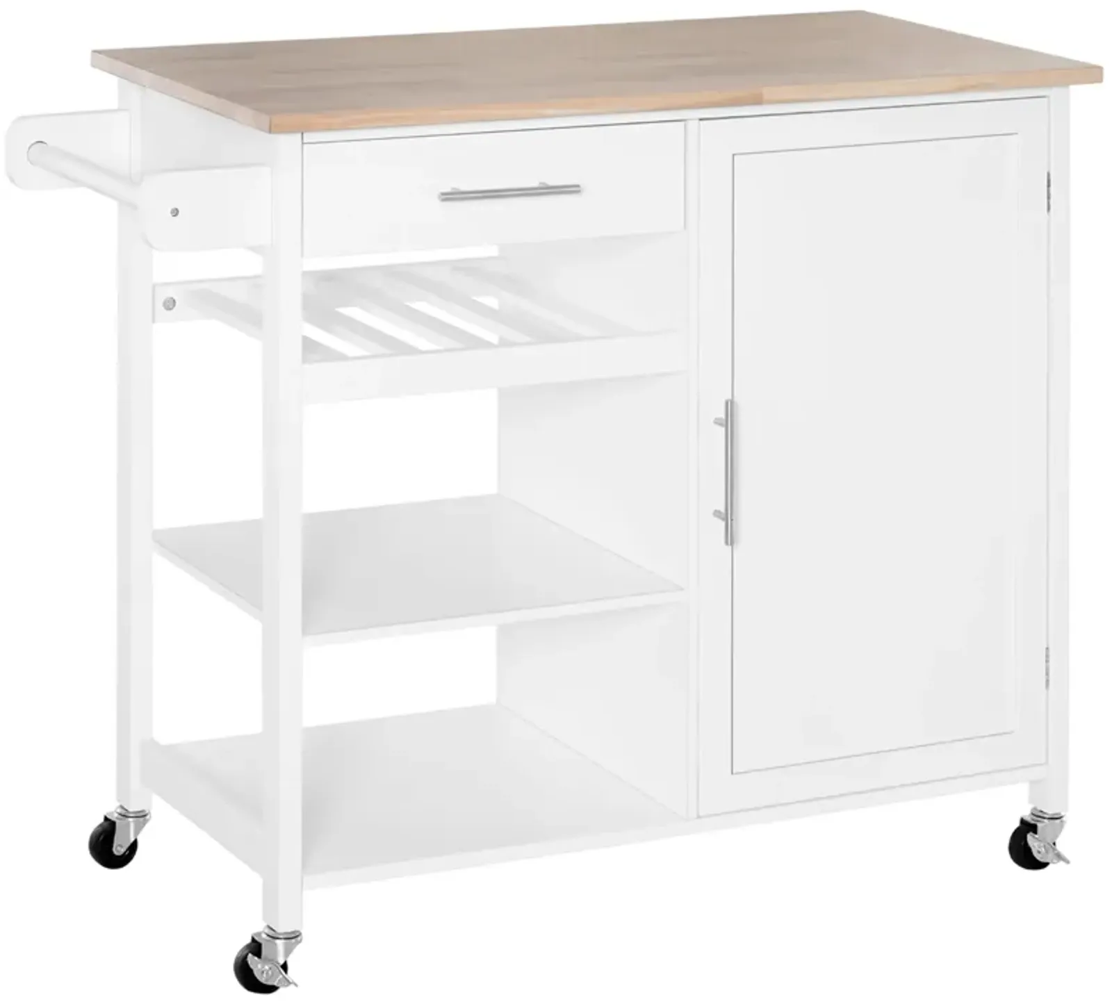 White Culinary Station: Rolling Kitchen Island with Wood Top & Wine Rack