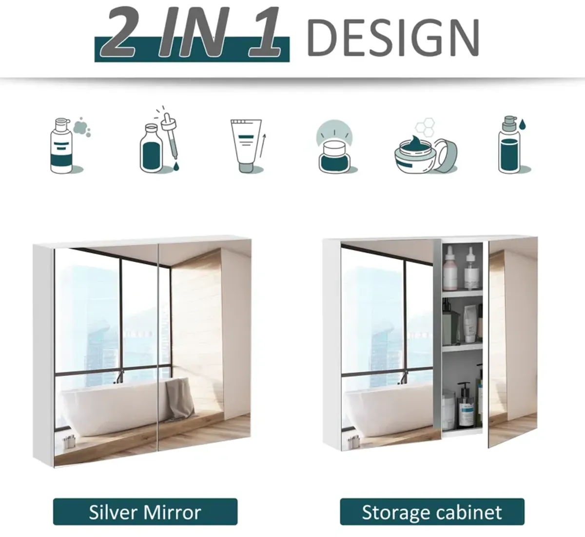 2 Door Floating Restroom Bathroom Vanity Mirror W/3-Tier Storage Shelves 24"x22"