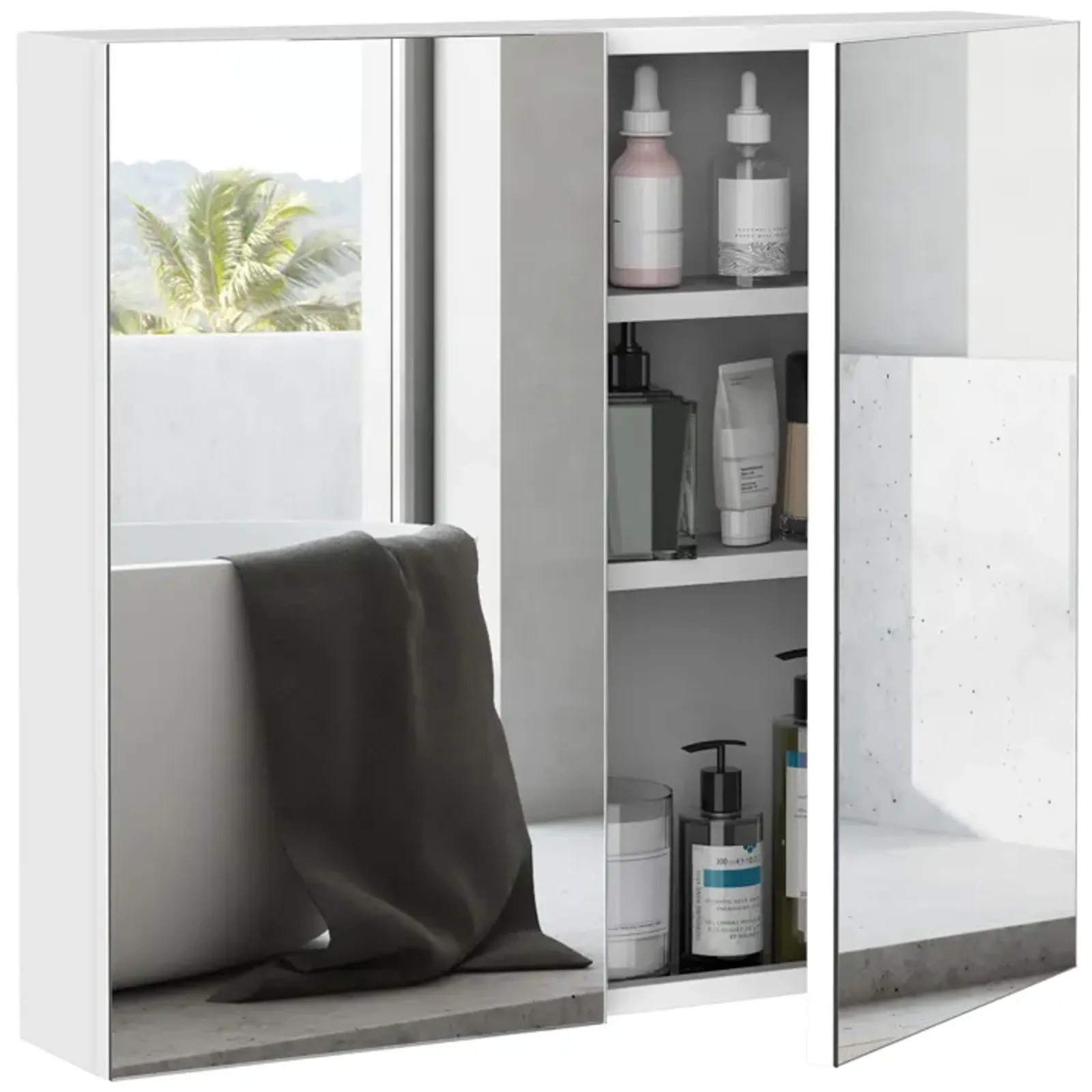 2 Door Floating Restroom Bathroom Vanity Mirror W/3-Tier Storage Shelves 24"x22"