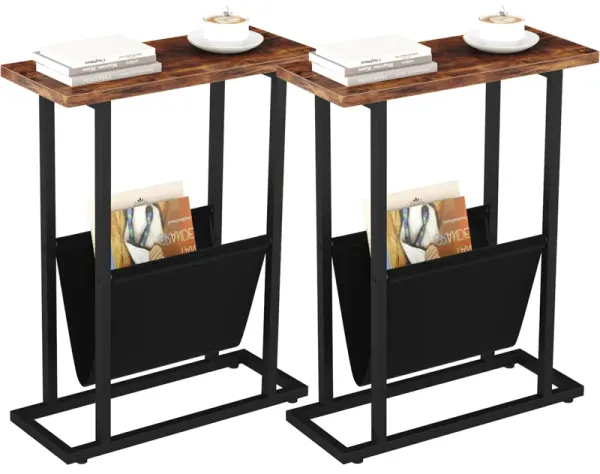 Narrow Side Table for Small Spaces, Small End Table Set of 2 with Magazine Holder Table, Skinny Slim Little Thin Table for Livin