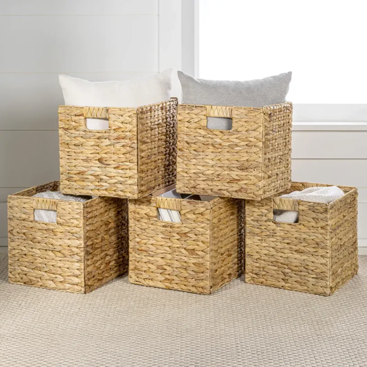 Bryce Classic Farmhouse Handwoven Hyacinth Collapsible Storage Cube Baskets with Handles