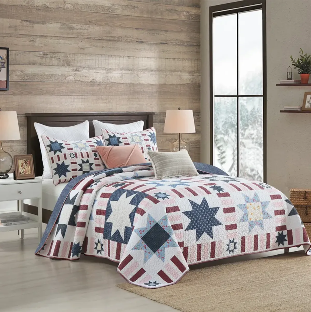 Marcielo 3 Pcs Reversible Star Quilt Set Bedspread Set King